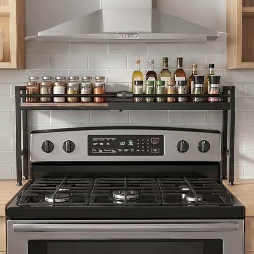 Extendable Over the Stove Shelf, Adjustable Height Over Stove Spice Rack | 18.7'' -32.2'' Over the Stove Shelves, Above Stove Storage Shelf for Seasoning, Oil Bottles, Cooking Essentials