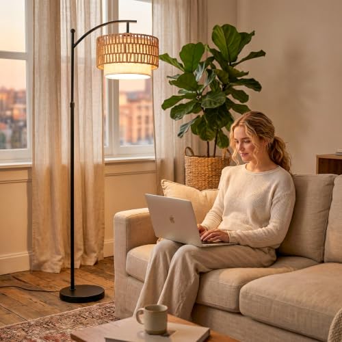 Rattan Floor Lamp with 12W LED Bulb, 57.5"-67" Adjustable Height Boho Standing Lamp, 3 Color Temperatures, Dual Rattan & Fabric Shades, Angle Adjustable Floor Lamp for Living Room Bedroom - style: Bohemian-Black