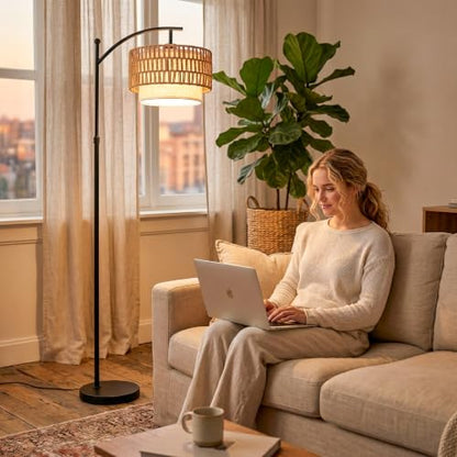 Rattan Floor Lamp with 12W LED Bulb, 57.5"-67" Adjustable Height Boho Standing Lamp, 3 Color Temperatures, Dual Rattan & Fabric Shades, Angle Adjustable Floor Lamp for Living Room Bedroom - style: Bohemian-Black