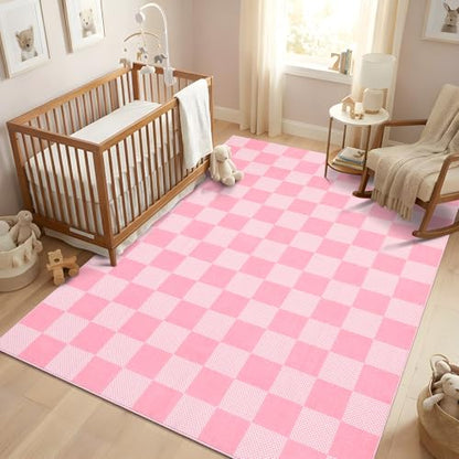 GarveeHome Checkered Pink 4x6 Washable Girls Rug Low-Pile Nursery Bedroom | Pink and White Area Rug for Living Room Girl Room Classroom Non-Slip Soft Stain Resistant Geometric Rugs TPE Backing - color: Blush Pink, size: 4' x 6' (Rectangular)
