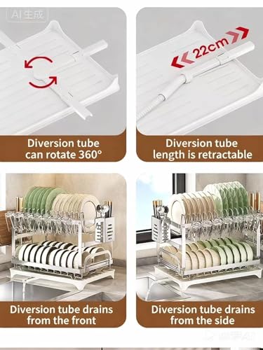 TarnorLe Double Layer Dish Drying Rack, Storage Super Large Bowl Dish Rack, Multifunctional Kitchen Countertop with Drain Pan, 304 Stainless Steel Kitchen Drying Rack, Tableware, Glass Drying Rack