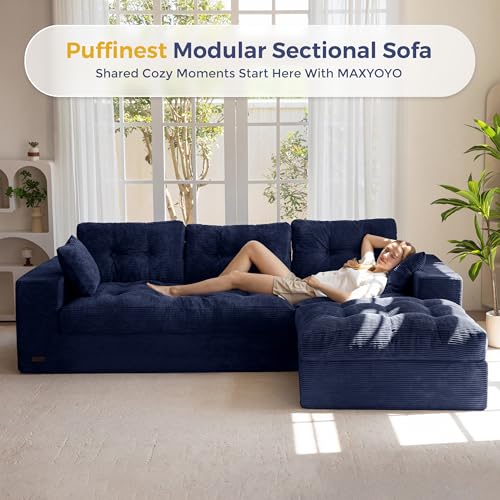 MAXYOYO Boneless Couch, 104-Inch L-Shaped Cloud Couch with Ottoman | Navy Upholstered Sofa Features Layered Cushions and Flexible Modules with No Assembly, Ideal for Modern Living Rooms. - color: Navy, size: 104" L Shape