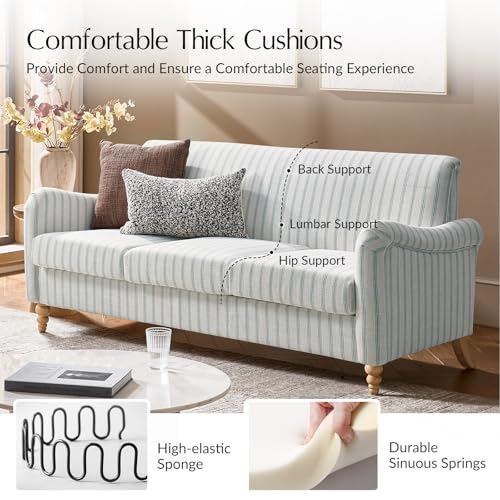 HULALA HOME Farmhouse Curved Couch with Stripe Pattern, 3 Seater Sofa, Blue | with Solid Wood Spindle Legs and Rolled Wide Armrests, Comfy Upholstered Sofa for Living Room Bedroom - color: Blue, size: 3-Seater Sofa
