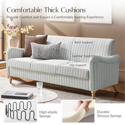 HULALA HOME Farmhouse Curved Couch with Stripe Pattern, 3 Seater Sofa, Blue | with Solid Wood Spindle Legs and Rolled Wide Armrests, Comfy Upholstered Sofa for Living Room Bedroom - color: Blue, size: 3-Seater Sofa
