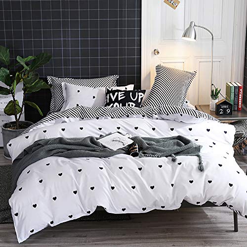 Omelas Kids Heart Love Queen Duvet Cover Set Black and White Teens Girls Lovely Heart-Shaped Pattern Striped Reversible Full/Queen Bedding Soft Breathable Quality Brushed Microfiber (3 Pcs,XD,Q) - color: X-white, size: Queen(No Comforter)