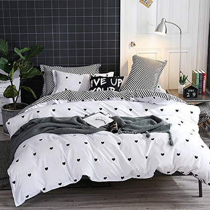 Omelas Kids Heart Love Queen Duvet Cover Set Black and White Teens Girls Lovely Heart-Shaped Pattern Striped Reversible Full/Queen Bedding Soft Breathable Quality Brushed Microfiber (3 Pcs,XD,Q) - color: X-white, size: Queen(No Comforter)