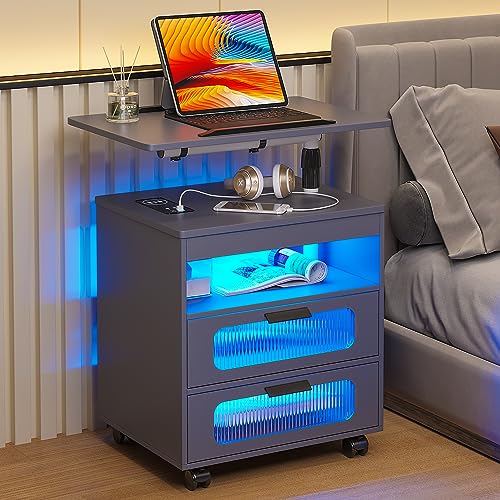 HNEBC Nightstand with Wireless Charging Station, LED Nightstand Has Adjustable Rotary Workstation, Smart Night Stand with 2 Drawers,Modern Bedside Table for Bedroom, Sensor Light/Wheel (Grey) - color: 9603-1-grey