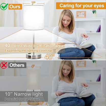 Lynnoland Set of 2 Touch White Table Lamps with 2 USB Ports & AC Outlet, 3-Way Dimmable Bedside Nightstand Lamps for Bedroom Living Room Nursery, 800 Lumens 5000K Daylight Bulbs Included - color: (2 Pack)White & Brushed Nickel(Base)-5000K Bulbs Included