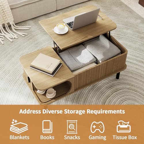 Lift Top Coffee Table,Wooden Rectangle Coffee Table with Hidden Storage Space,Metal Handles,Metal Legs,Mid Century Modern Style,Suitable for Living Room,Office,Apartment. (A-Lift Coffee Table-Oak) - color: A-lift Coffee Table-oak