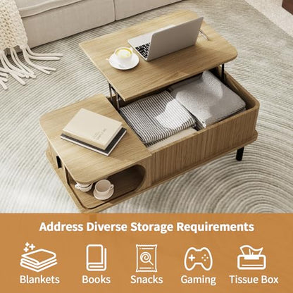 Lift Top Coffee Table,Wooden Rectangle Coffee Table with Hidden Storage Space,Metal Handles,Metal Legs,Mid Century Modern Style,Suitable for Living Room,Office,Apartment. (A-Lift Coffee Table-Oak) - color: A-lift Coffee Table-oak