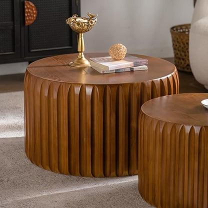 45.07'' Round Coffee Table Set of 2, Modern Mid-Century Circle Fluted Drum Nesting Coffee Table for Living Room, No Assembly, Walnut - color: 45.07in-walnut