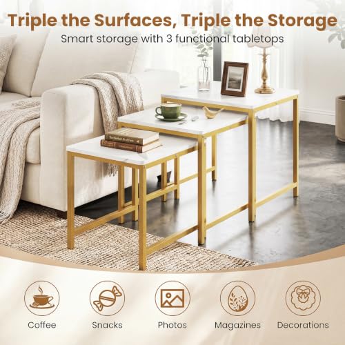 Giantex Nesting Coffee Table Set of 3, Small Center Tables, White | Faux Marble Coffee Table with Metal Frame, Space-Saving Stacking End Table for Small Space - color: White & Gold