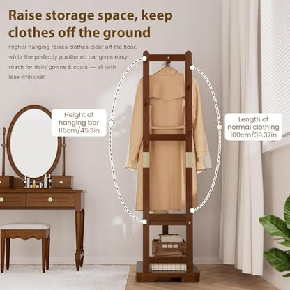 Coat Rack Solid Wood Hall Tree Storage 2 Shelves 5 Hooks | Entryway hallway bedroom, durable solid wood construction, freestanding storage design, coats hats bags wallets - size: Walnut - L:26''D x 14.2 ''Wx 64.6 ''H(No Wheels)
