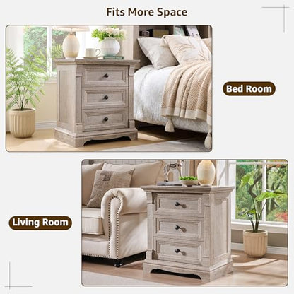Farmhouse 26"H Night Stand Set of 2, 23.6"W End Table with Charging Station | Wood Side Table w/Roman Column, End Tables Living Room Set Of 2, Bedside Cabinet for Bedroom, Living Room, Light Rustic Oak - color: Light Rustic Oak, size: 23.6"W x 15.7"D x 26