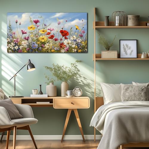 Flower Wall Art for Bedroom Teen Girl Colorful Artwork for Wall | Floral Wall Decor For Living Room,Wall Art for Office Women,Hotel Hallway Aesthetic Wall Decoration Ready To Hang 20x40 Inch - color: Yellow Red White, size: 40"L x 20"W