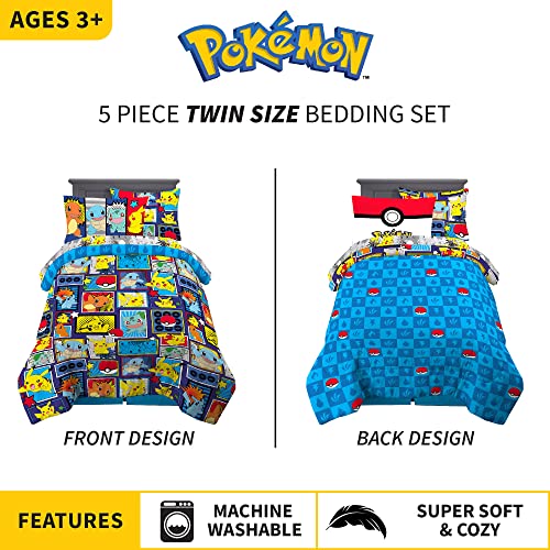Pokémon Pikachu Twin Size Bedding, Kids Bedding Super Soft Cozy Reversible Comforter and Sheet Set with Sham, 5 Piece Twin Size, (Officially Licensed Product) by Franco - color: Pokemon, size: Twin