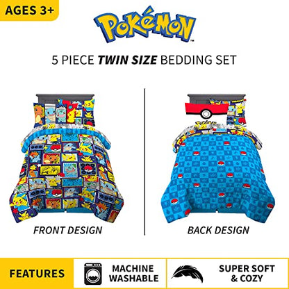 Pokémon Pikachu Twin Size Bedding, Kids Bedding Super Soft Cozy Reversible Comforter and Sheet Set with Sham, 5 Piece Twin Size, (Officially Licensed Product) by Franco - color: Pokemon, size: Twin