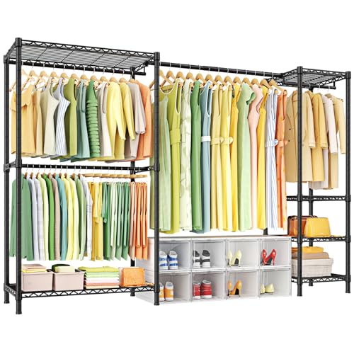 E10 Clothes Rack（With Stretchable Hanger Rod）Freestanding Clothing Racks for Hanging Clothes，Adjustable Closet Organizer System，Portable Garment Rack 73-97"W x 15" D x 72" H，Max Load 800LBS，Black - color: Black