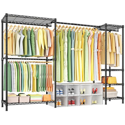 E10 Clothes Rack（With Stretchable Hanger Rod）Freestanding Clothing Racks for Hanging Clothes，Adjustable Closet Organizer System，Portable Garment Rack 73-97"W x 15" D x 72" H，Max Load 800LBS，Black - color: Black