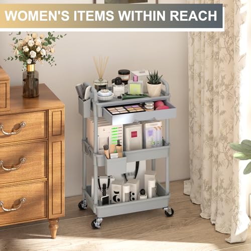Goovilla 3 Tier Rolling Utility Cart Organizer with Removable Drawer, Grey | Stable and Sturdy Rolling Storage Carts with 2 Lockable Wheels for Bathroom, Kitchen, Snack, Craft, Makeup, Baby Essentials - size: 3 Tier, style: Gray