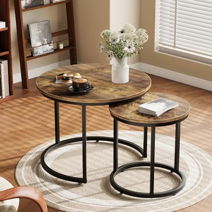Smuxee Nesting Coffee Table Set of 2, 23.6" Round Coffee Table Rustic Wood Top with Adjustable Non-Slip Feet, Industrial End Table Side Tables for Living Room Bedroom Balcony Yard - color: Rustic Brown, size: 23.6"W