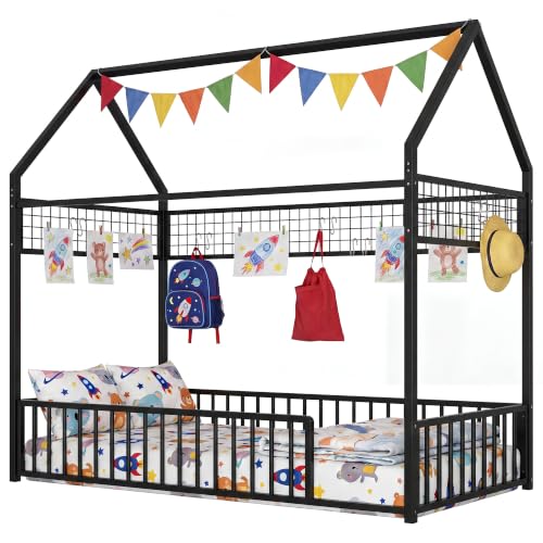 IRONCK Twin Floor Bed Frame with Fence Guardrails and Roof, Black | Metal House Bed with Hanging Mesh, No Box Spring Needed, Easy Assembly, Anti-tipping Device - color: Black