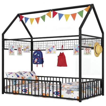 IRONCK Twin Floor Bed Frame with Fence Guardrails and Roof, Black | Metal House Bed with Hanging Mesh, No Box Spring Needed, Easy Assembly, Anti-tipping Device - color: Black