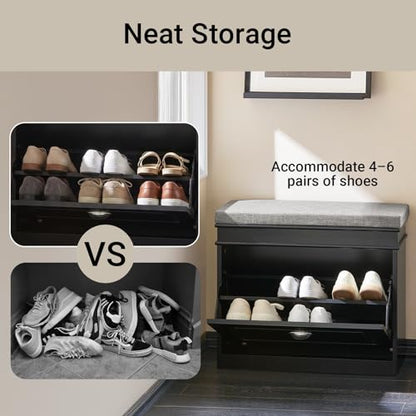 Haotian Black Hallway Shoe Bench, Narrow Shoe Rack Entryway, Small Shoe Cabinet with Flip-Drawer and Seat Cushion, FSR82-K-SCH - color: Black, size: 1 Drawer:24x9.4x20"