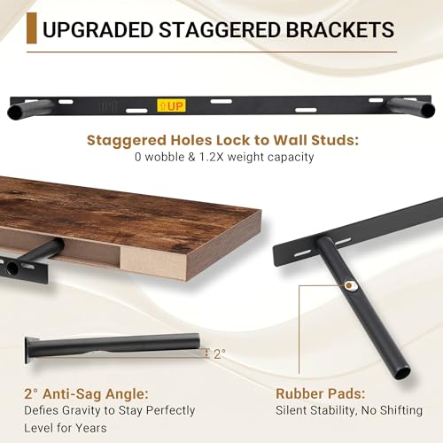 Vivelove Deep Floating Shelves 48x12” Set of 2, Rustic Brown | Easy Install With Hardware, 2" Thick, Invisible Brackets, Wall Mounted, No Sagging, For Any Room - color: Rustic Brown, size: 48”wx12”dx2”h