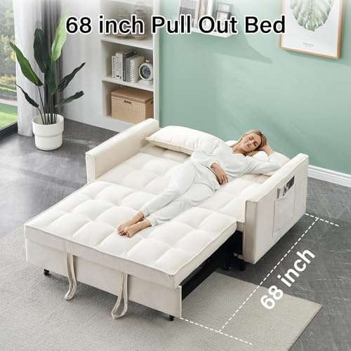3 in 1 Convertible Sleeper Sofa Bed, Velvet Loveseat Futon Pull-Out Couch with Adjustable Reclining Backrest, Side Pockets and Pillows for Living Room, Bedroom, Apartment, Small Spaces (Beige-Velvet) - color: Beige-velvet