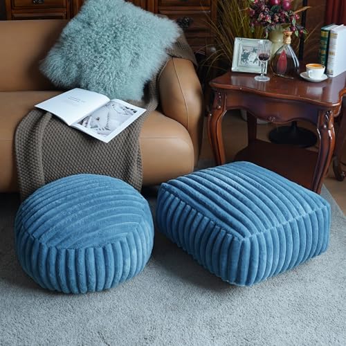 Unstuffed Pouf Ottoman Round Pouf Cover Soft Bean Bag, Blue | Cover Only, 20x20x8 In, Soft Short Plush, Ribbed Texture, Modern Style, Living Room, Bedroom, Reading Nook - color: Blue