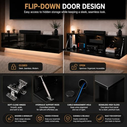 63" Floating LED TV Stands for Living Room w/ Storage, Entertainment Center | Fits TVs up to 70", Glossy Front, Hidden Storage, Wall Mounted, Cable Management, RGB LED, Easy to Clean, Modern Style - color: Black