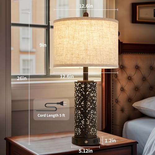 SAIWEYA 26" Set of 2 Farmhouse Table Lamp for Bedroom, Dimmable Touch | 3 Way Dimmable, 2 USB Ports + AC Outlet Bedside Lamp for Nightstand, LED Bulb Included, Fabric Shade, Flower Metal Body - color: White-26in 2 Pack