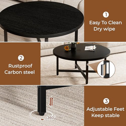 Round Coffee Table, 31.5" Black Coffee Table, Coffee Tables for Living Room | Circle Wooden Coffee Table, Large Modern Center Table with Metal Frame for Office Apartment Home Small Space - color: 31.5"d Round Black