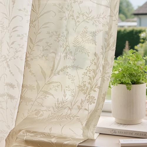 Anmao Taupe Semi Sheer Light Filtering Short Curtains 45 Inches Long 2 Panels, Leaf Pattern Drapes for Living Room Bedroom, Rod Pocket Sheer Window Treatments with Floral Design, 52x45 Inch - color: Taupe, size: 52"W x 45"L (Pack of 2)