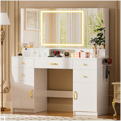 COMHOMA Vanity Desk with 3 Way Mirror and Lights, Large Makeup Vanity Table Set with Charging Station, 3 Lighting Modes & 360° View Mirror, 7 Drawers Dressing Table for Women Girls Bedroom, White - size: 7 Drawers