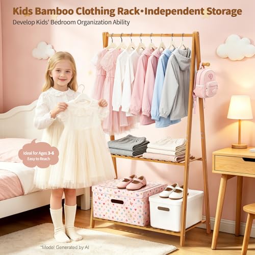 Kids Clothing Rack Small Baby Clothes Racks Bamboo Garment Rack 50"H | Wooden Short Mini Dress Up Costume Rack with Shelves for Hanging Clothes, Nursey Toddler Shower Children Clothes Hanger Rack - size: 2-Tier,50" Tall