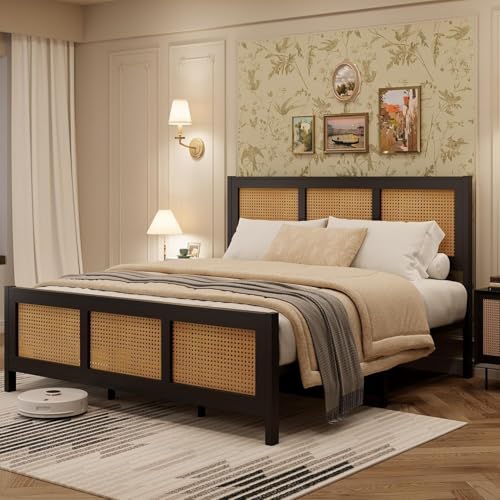 GarveeHome Rattan Queen Size Bed Frame with Headboard, Black | Boho Bed Frame with Strong Metal Slat, Noise Free, No Box Spring Needed - color: Black, size: Queen (No Drawers)