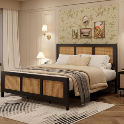 GarveeHome Rattan Queen Size Bed Frame with Headboard, Black | Boho Bed Frame with Strong Metal Slat, Noise Free, No Box Spring Needed - color: Black, size: Queen (No Drawers)