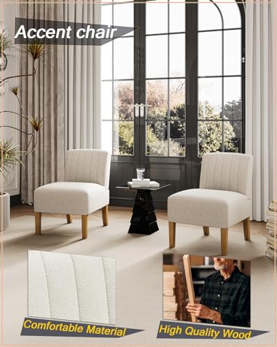 Armless Accent Chairs Set of 2 for Bedroom, Bedroom Chair for Bedroom Living Room Chair with Solid Wood Legs, Makeup Vanity Chair Fabric Comfy Upholstered Reading Chair Accent Chair,Beige - color: Beige