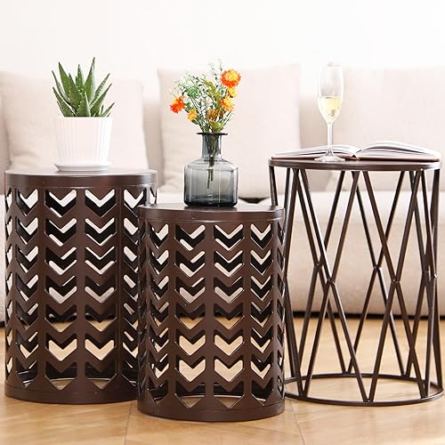 HFHOME Round Nesting Coffee Tables, Set of 3 End Tables for Living Room Balcony Office, Heavy Duty Metal Stacking Side Tables for Home Indoor - Brown - color: Classic Brown