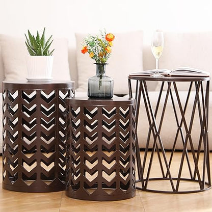 HFHOME Round Nesting Coffee Tables, Set of 3 End Tables for Living Room Balcony Office, Heavy Duty Metal Stacking Side Tables for Home Indoor - Brown - color: Classic Brown