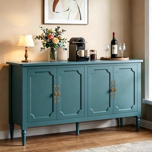 RoyalCraft Buffet Cabinet with Storage, 59" Vintage Sideboard with Adjustable Shelves, Mid Century Modern Painted Credenza Coffee Bar for Kitchen, Dining Room, Entryway, Living Room, Turquoise Blue - color: Turquoise Blue, size: 1 Piece