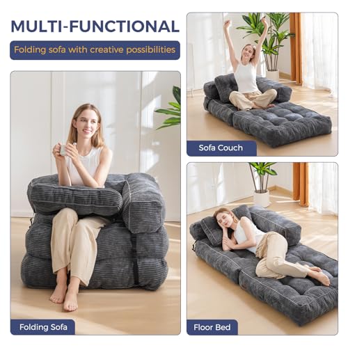 MAXYOYO Folding Sofa Bed, Convertible Chair Bed with Pillow | L-Shaped Floor Sofa with Armrest and Pillow, Foldable Portable Fold Out Comfy Chair Bed for Living Room Bedroom, Dark Grey - color: Dark Grey