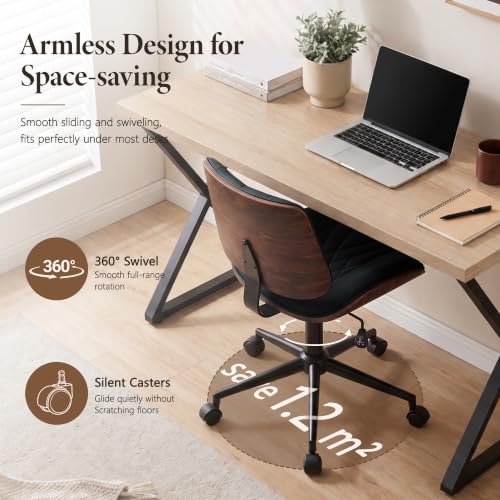 Armless Office Chair, Small Comfy Leather Desk Chair with Wheels | PU Leather, Adjustable Height, Swivel Rolling, Mid Back Computer Chair, Home Bedroom Meeting Room, Black - color: Black