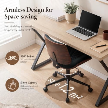Armless Office Chair, Small Comfy Leather Desk Chair with Wheels | PU Leather, Adjustable Height, Swivel Rolling, Mid Back Computer Chair, Home Bedroom Meeting Room, Black - color: Black