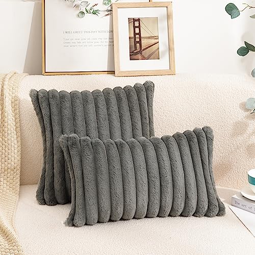 Uhomy Pack of 2 Faux Fur Plush Decorative Throw Pillow Covers Fuzzy Striped Soft Pillowcase Cushion Covers for Living Room Sofa Couch Bedroom, 16x16 inch 40x40 Cm, Grey - color: Grey, size: 16" x 16" (Pack of 2)