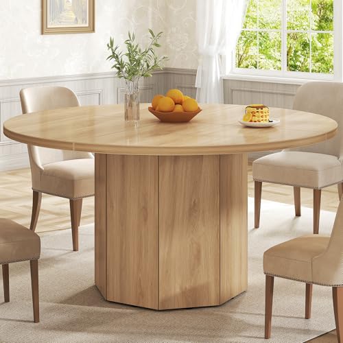 HSH 47 Inch Light Oak Round Dining Table, Modern Wood Table for 4-6 People | Farmhouse Circle Kitchen Table for Home Living Room, Wood and Metal Dining Room Desk with Octagon Base - color: Light Oak