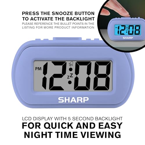 Sharp Battery Alarm Clock with Soft-Touch Case and Blue Backlight, Lavender | Soft-touch rubberized case; Battery operated; Blue backlight on demand; Ascending alarm; Snooze; Easy to use - color: Lavender