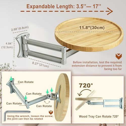 Wall Mounted Folding Table,Retractable Small Bamboo Drop Down Floating Wall Desk,11.8" Round Wood Tabletop with Aluminum Alloy Brackets,Bedside Wall Shelf Drop Top Desk,Fold Down Nightstand